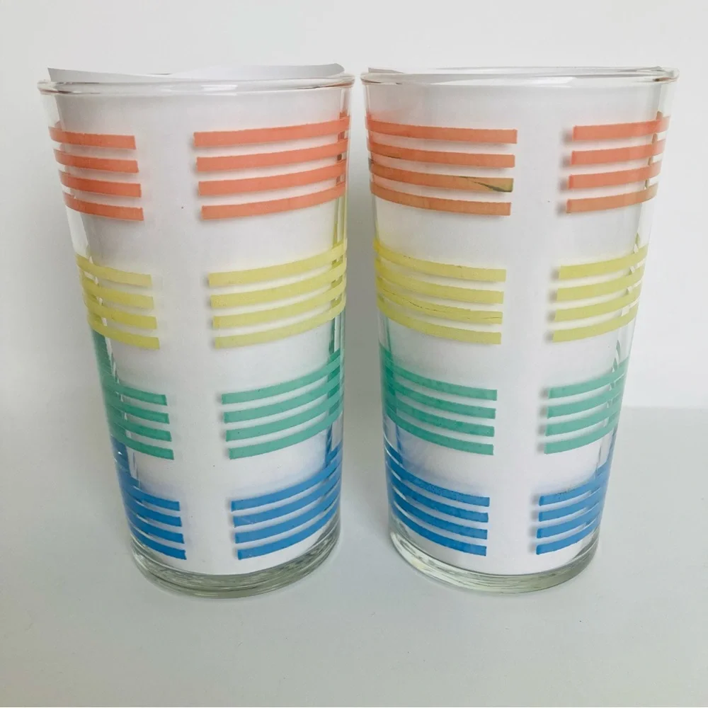 Pastel Striped Bands Tumbler Glasses Vintage MacBeth Evans? Petalware 4 1/2